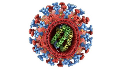 Crosssection of virus outer sphere with blue red protrusions inner coil of green yellow strands