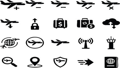 Airplane and travel icons set, aviation and tourism symbols, flight and airport silhouettes.