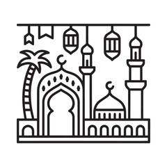 Line art illustration featuring a mosque palm tree and islamic architectural elements