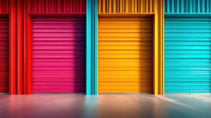 A striking arrangement of colorfully painted storage doors in pink, orange, and turquoise, creating a vibrant, energetic atmosphere perfect for creative spaces or warehouses.