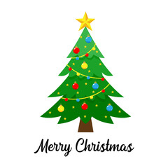 Decorated christmas tree with ornaments and star on white background, perfect for christmas cards, christmas illustrations, christmas greetings, holiday designs, festive posters, and seasonal card.