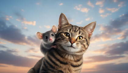 Obraz premium A charming image of a tabby cat with a small mouse perched on its back against a backdrop of a beautiful sky.