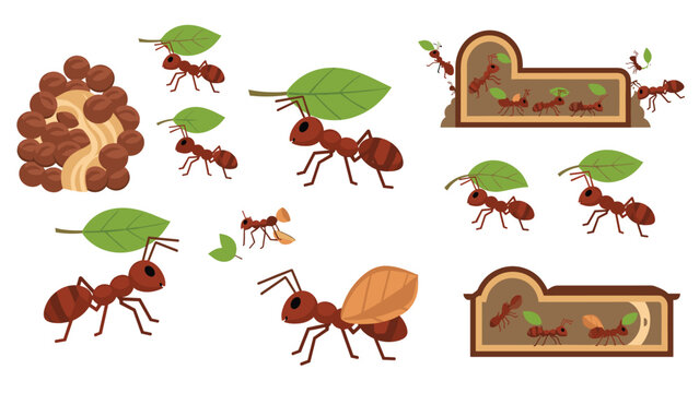 Detailed cartoon illustration set of ants at work, showing them carrying leaves, in their anthill, and interacting with each other.