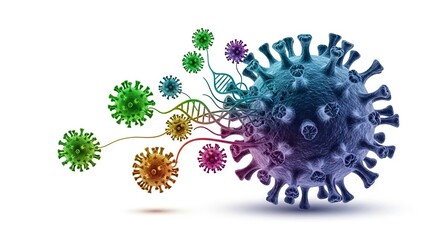 Viruses depicted connected by DNA strands to a larger virus particle