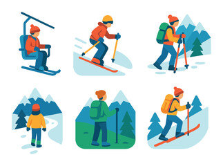 Obraz premium Cartoon hikers and skiers in mountain landscape