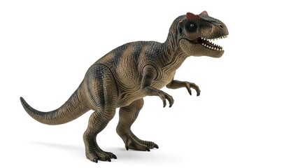 Obraz premium Dinosaur model brown with striped markings stands on a white surface teeth bared