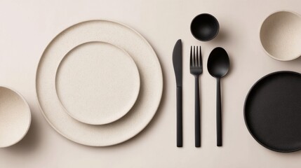 Top-down layout of beige ceramic plateware with stacked plates, black cutlery, bowls, and a cup. flat lay shot