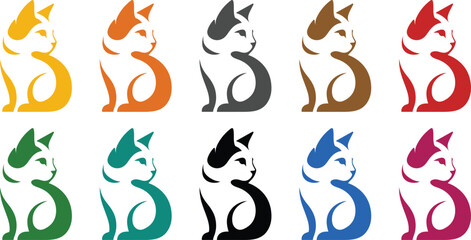 Sitting cat icons in diverse colors, Colorful cat animal icon set