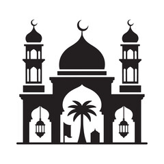 Elegant black silhouette of a mosque with minarets and islamic decorations
