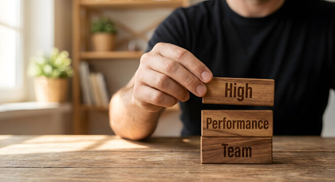 Motivational Workspace Scene with Wooden Blocks Emphasizing High Performance Teamwork