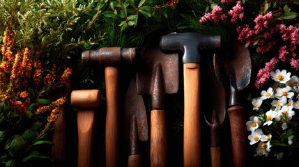 An aesthetically arranged collection of vintage gardening tools surrounded by vibrant flowers and greenery, evoking a sense of nostalgia and connection with nature.