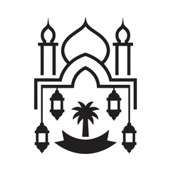 A simple black and white illustration of an islamic mosque with a palm tree