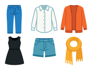 Colorful set of clothing icons featuring pants, dress, shirt, shorts, cardigan, and scarf