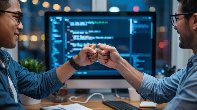 Two smiling programmers giving each other a fist bump while working on a computer with code on the screen.