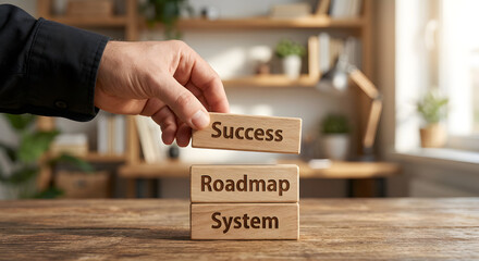 Business Strategy Development with Wooden Blocks Iconic Success Roadmap System