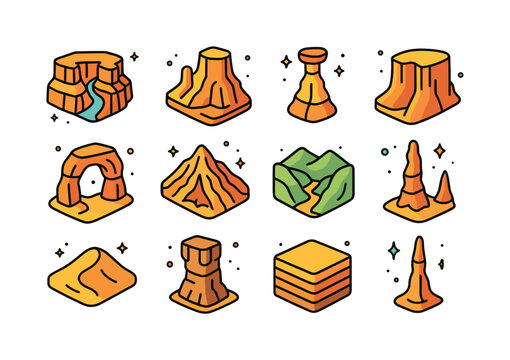 Erosion Icons Set. Erosion Landforms. Colorful isometric vector