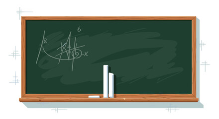 Empty green school chalkboard in a wooden frame with chalk scribbles and chalk sticks on the ledge, ready for a lesson or presentation.