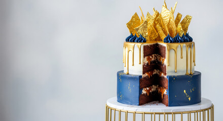 A hyper-realistic, high-resolution studio photograph of a luxurious two-tier drip cake with a slice removed to show the interior. 