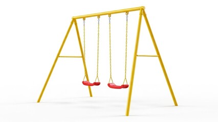 A yellow playground swing set with two red swings on a white background