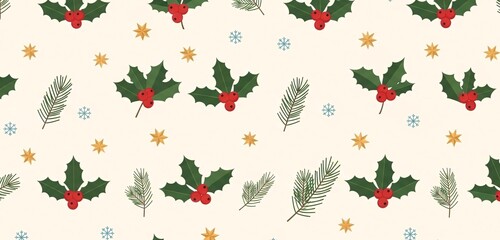Festive christmas pattern with holly and snowflakes