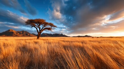 A stunning lone tree stands majestically in a golden field, framed by dramatic clouds and distant mountains, embodying tranquility and natural beauty at sunset.