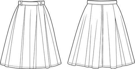 Women's pleated midi skirt technical fashion flat illustration showing front and back views with waistband and seam details