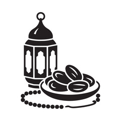 Ramadan illustration featuring a lantern dates and prayer beads in black and white