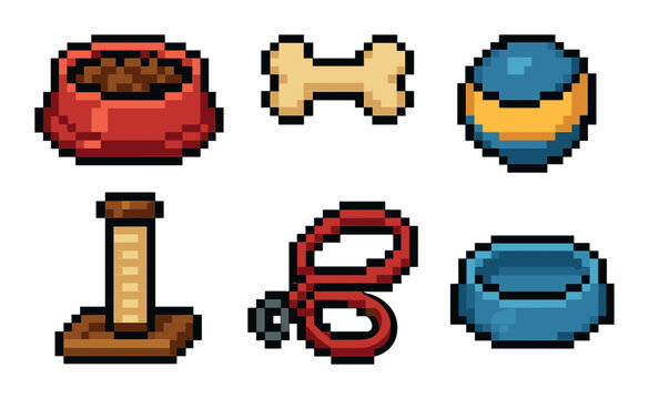 Pixel art pet supplies: food bowl, toy bone, ball, scratching post, leash