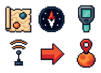 Obraz premium Pixel art icons: map, compass, infrared, wi-fi, arrow, location marker