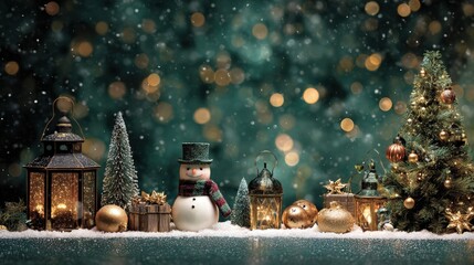 Magical Christmas display featuring a snowman, a decorated miniature tree, glowing vintage lanterns, and golden ornaments against a dark teal background with sparkling bokeh lights and falling snow