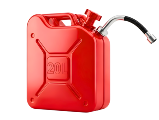 Red twenty liter fuel jerrycan with spout isolated on transparent background