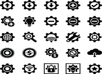 Gear and settings icons set, cogwheel and mechanism symbols, maintenance and engineering silhouettes.