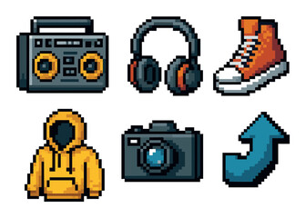 Retro pixel art icons: boombox, headphones, sneaker, hoodie, camera, arrow