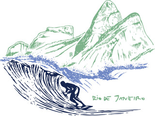 Illustration of a surfer riding a wave on a beach in Rio de Janeiro, Brazil.