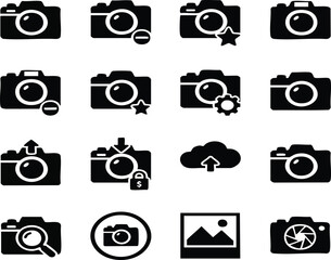 Camera photography icons set, photo and video symbols, digital shutter silhouettes.