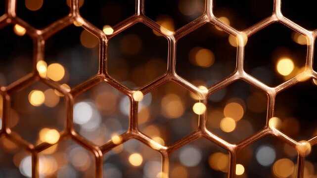 Macro view of shining copper pipe ends forming a honeycomb pattern, glowing highlights from warehouse lights creating warm metallic reflections