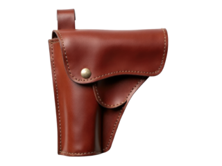 A single brown leather holster sitting on a white background, ready for use