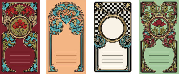 Art nouveau decorative label collection featuring floral ornaments, vintage frames, ornamental typography panels, classic design templates isolated on elegant backgrounds.