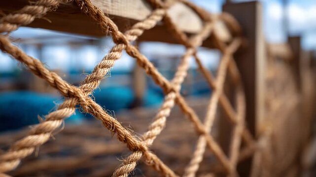 Macro view of smooth, tightly woven fishing net fibers neatly arranged on racks, balanced lighting and shallow depth of field emphasizing texture and precision