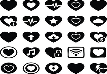 Heart love icons set, health and romance symbols, medical cardiology silhouettes