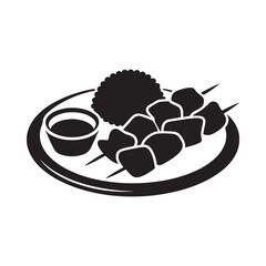 A simple black and white illustration of kebabs with side dishes on a plate