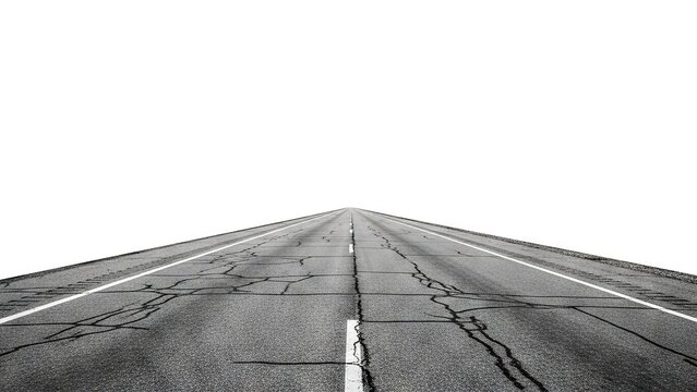 Perspective shot of an asphalt road with white lines showing cracks and texture