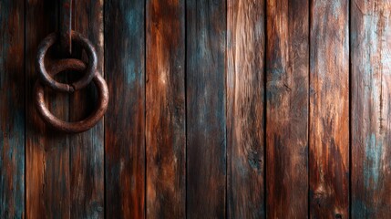 Fototapeta premium This image captures rustic wooden planks featuring two hanging rings, conveying a sense of strength and craftsmanship, ideal for themes related to construction and design.