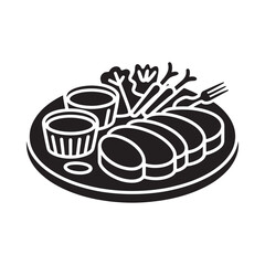 A black and white illustration of a plate with sliced meat and side dishes