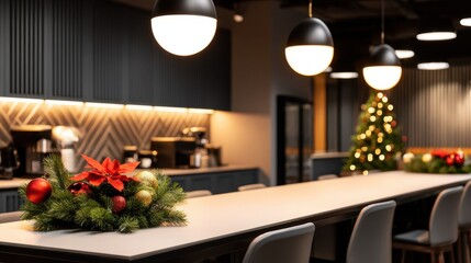 Cozy cafe interior with a long counter, hanging lamps, festive garland, and a Christmas tree and cozy vibes.!!