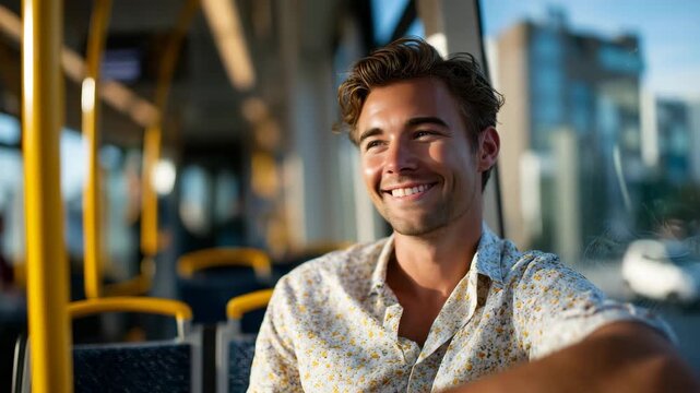 Passenger in a modern tram interior with elegant design, holding a handlebar while smiling out the window, sunlight glinting off polished surfaces