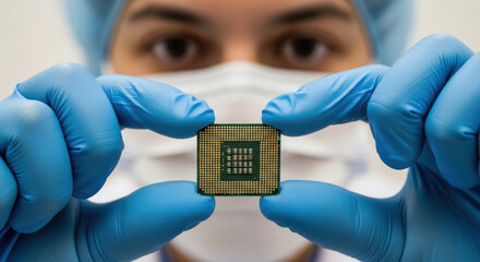 Close Up of a Microchip Held by a Person Wearing Gloves and a Mask, Focus on the Intricate Details of the Circuitry with a Blurred Background of Lab Setting
