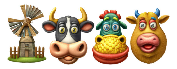 Fototapeta premium Colorful and Fun Cartoon Farm Animal Heads with Windmill and Barn Elements