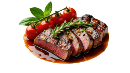 A juicy piece of grilled steak served with fresh tomatoes and herbs on a plate, perfect for a casual dinner or barbecue