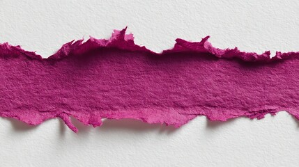 Torn magenta paper strip on white background ripped frayed
